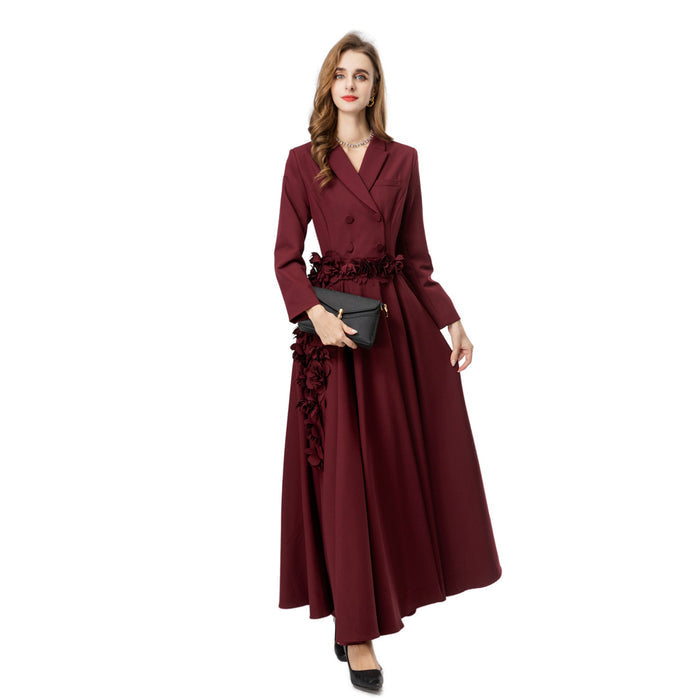 double-breasted crepe gown with 3D floral waist – MAURELLE