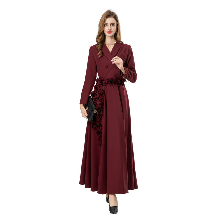 double-breasted crepe gown with 3D floral waist – MAURELLE