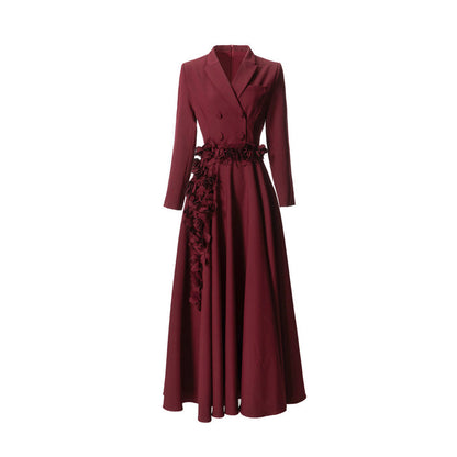 double-breasted crepe gown with 3D floral waist – MAURELLE