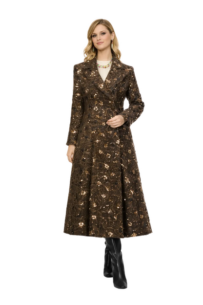 double breasted tweed long coat with metallic detailing – BRONZIA