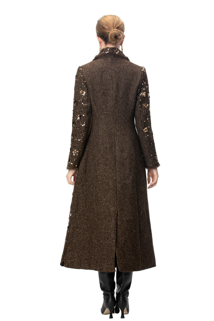 double breasted tweed long coat with metallic detailing – BRONZIA