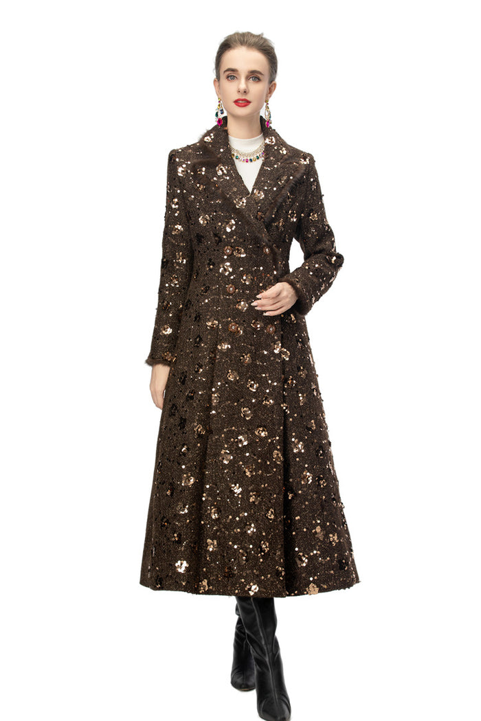 double breasted tweed long coat with metallic detailing – BRONZIA