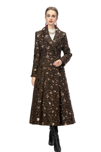 double breasted tweed long coat with metallic detailing – BRONZIA