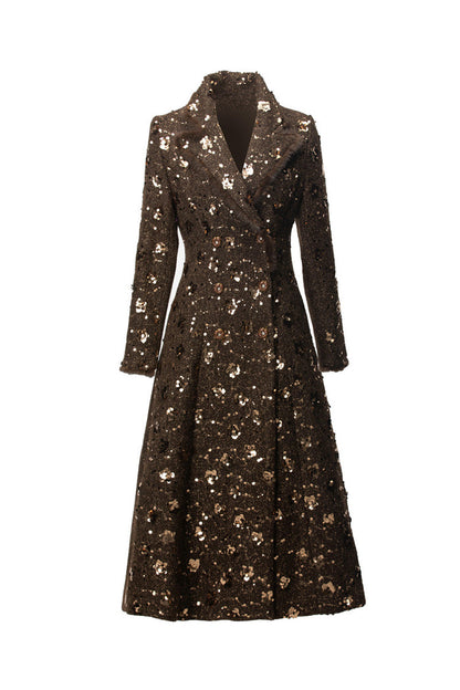 double breasted tweed long coat with metallic detailing – BRONZIA