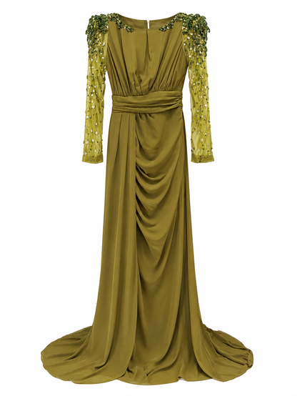 draped satin maxi dress with embellished sheer sleeves – OLIVIA