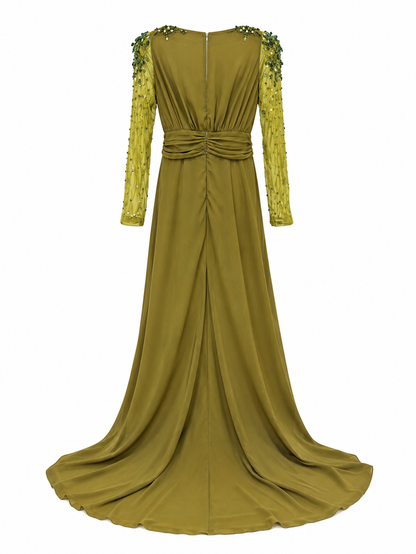 draped satin maxi dress with embellished sheer sleeves – OLIVIA