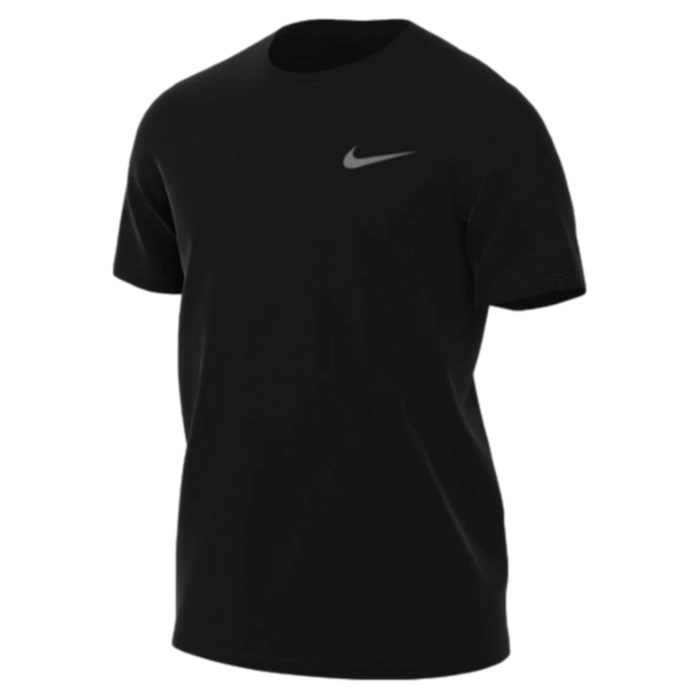 Black short-sleeved crew neck Nike t-shirt with a grey swoosh logo on the left chest.
