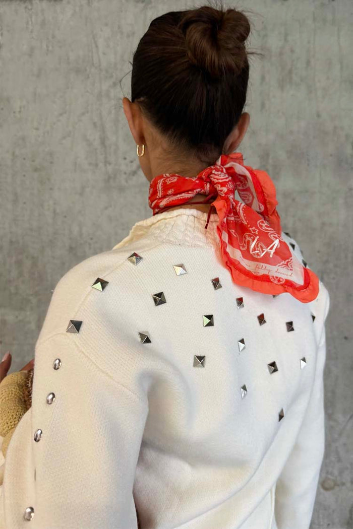 Ecru Studded Cardigan with silver metal studs on the back and sleeves, a statement staple designed in London.
