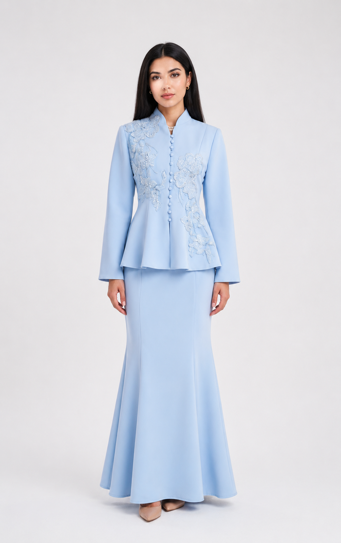 Elegant Embroidered Peplum Top & Mermaid Skirt Set - Champagne
