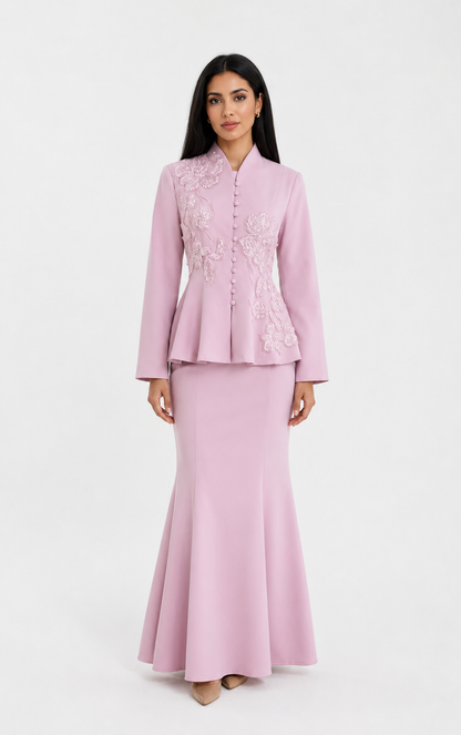 Elegant Embroidered Peplum Top & Mermaid Skirt Set - Champagne