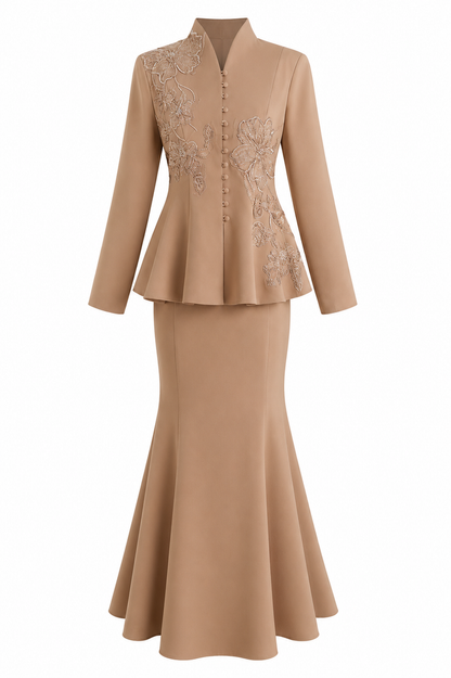 Elegant Embroidered Peplum Top & Mermaid Skirt Set - Champagne
