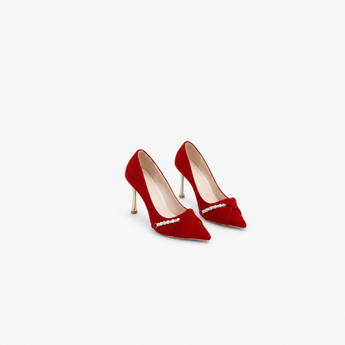 Elegant Red Pearl Detail Stiletto Heels - Pointed