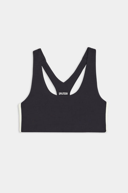 Flat view of dark grey sports bra with a thin white and black stripes down the side