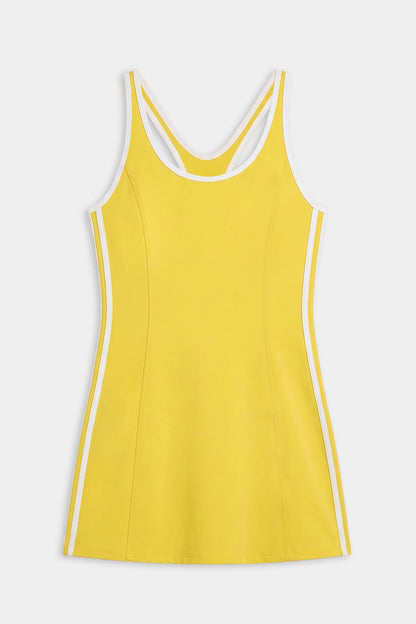 The SPLITS59 Ella Airweight Dress in Bright Yellow/White features a sleeveless design with white trim, vertical stripes, and built-in shorts—perfect for court sports. Shown on a plain white background.