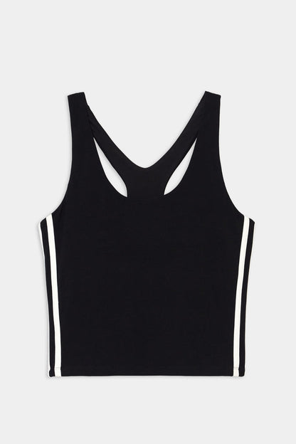 The SPLITS59 Ella Airweight Tank in Black/White features a racerback design, white vertical side stripes, and is crafted from an 81% nylon, 19% spandex blend. Displayed on a plain white background.