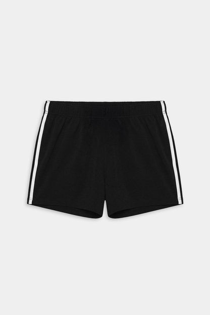 The SPLITS59 Ella Airweight Track Short in Black/White features ultra-light fabric, an elastic waistband, and white side stripes—ideal for hot yoga or active routines. Shown flat against a white background.