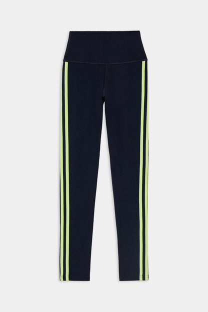 Introducing the SPLITS59 Ella High Waist Airweight 7/8 leggings in Indigo/Limeade—a sleek high-waist design featuring vertical neon limeade stripes along the sides, perfect for hot yoga. Displayed flat on a white background, these leggings effortlessly blend style and performance to support you during your most intense workouts.