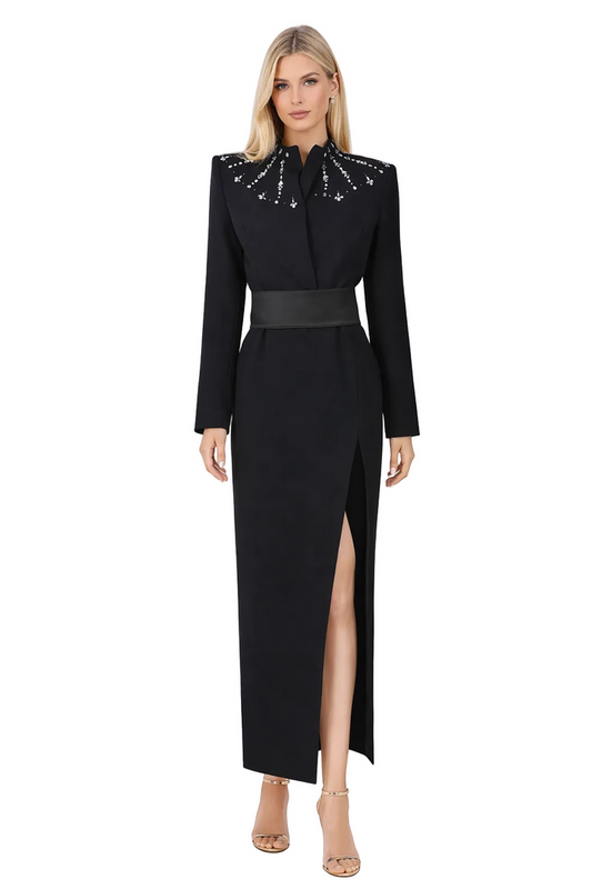 embellished collar belted slit maxi dress – STAR