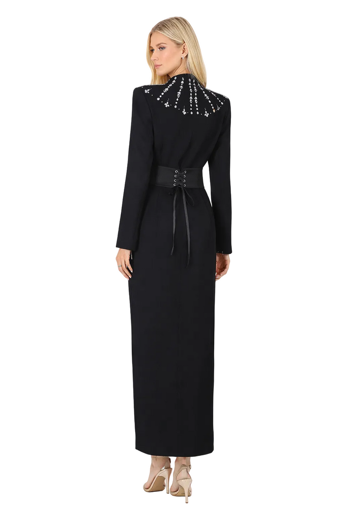 embellished collar belted slit maxi dress – STAR