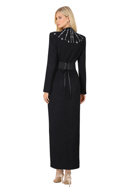 embellished collar belted slit maxi dress – STAR