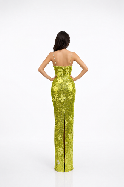 embellished corset maxi dress with floral appliqué – VERDÉA