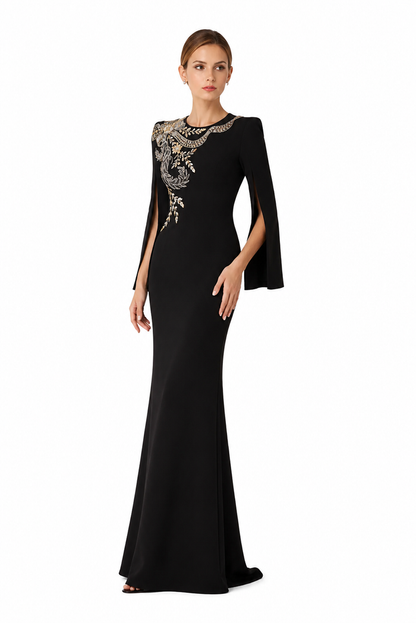Embellished Long-Sleeve Maxi Dress with Sculpted Silhouette – IMPERIA