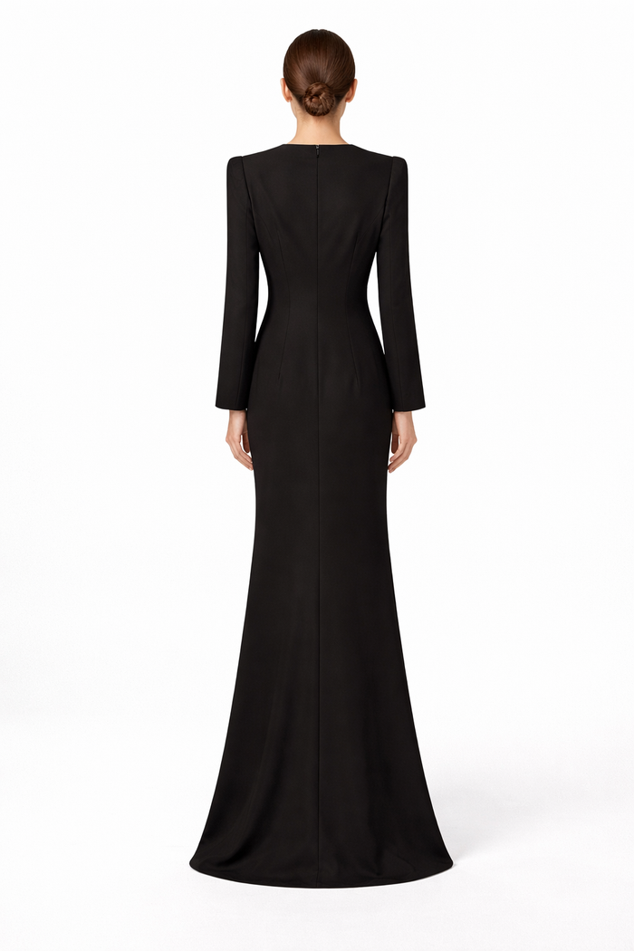 Embellished Long-Sleeve Maxi Dress with Sculpted Silhouette – IMPERIA