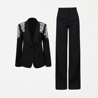 embellished shoulder tailored blazer and flared pants set – ELIANA