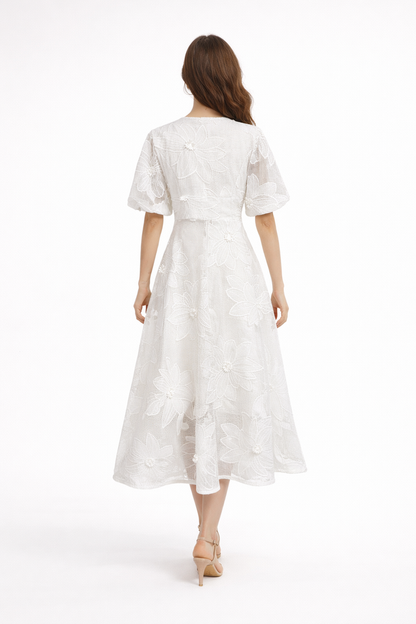 Embroidered Maxi Dress with Deep V-Neck and Puff Sleeves – LUMIÈRE
