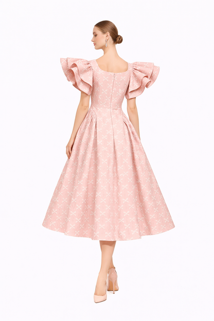 embroidered midi dress with flutter sleeves and flared skirt – BLUSHETTE