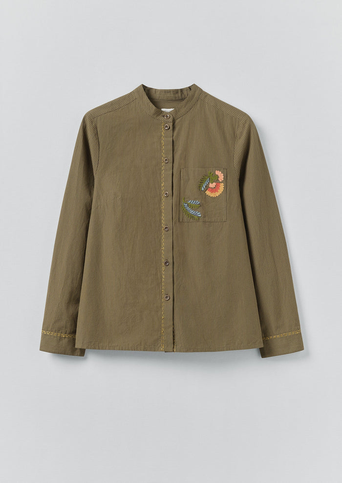 Embroidered Mini Stripe Cotton Shirt | Olive