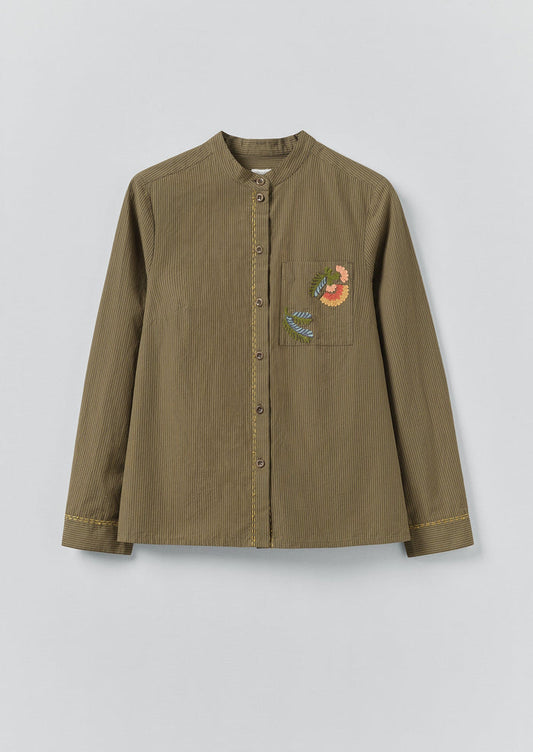 Embroidered Mini Stripe Cotton Shirt | Olive