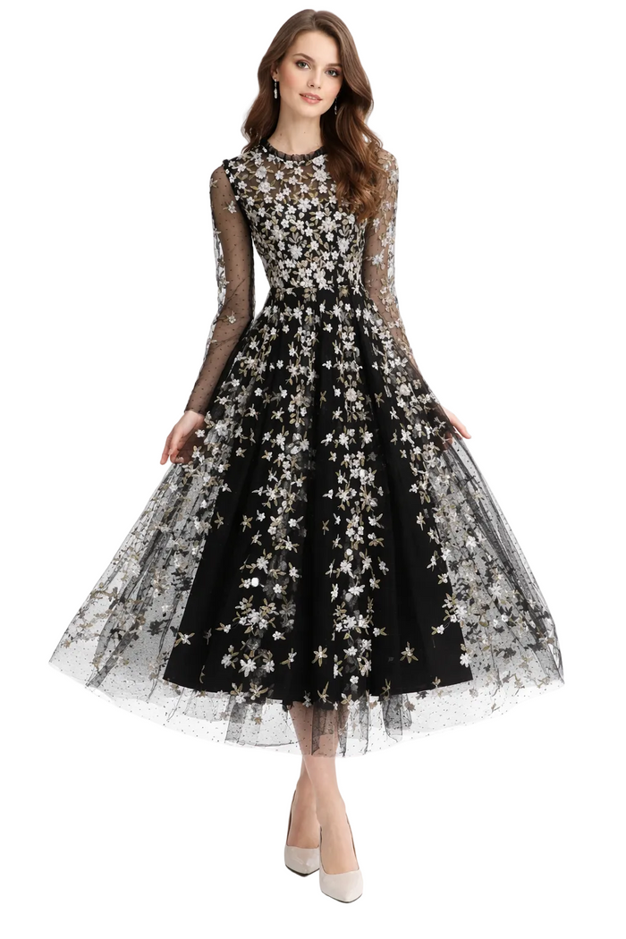 Embroidered Tulle Midi Dress with Long Sleeves – FLORIA