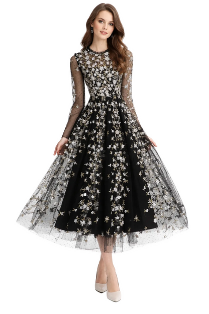 Embroidered Tulle Midi Dress with Long Sleeves – FLORIA