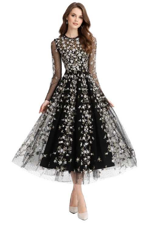 Embroidered Tulle Midi Dress with Long Sleeves – FLORIA