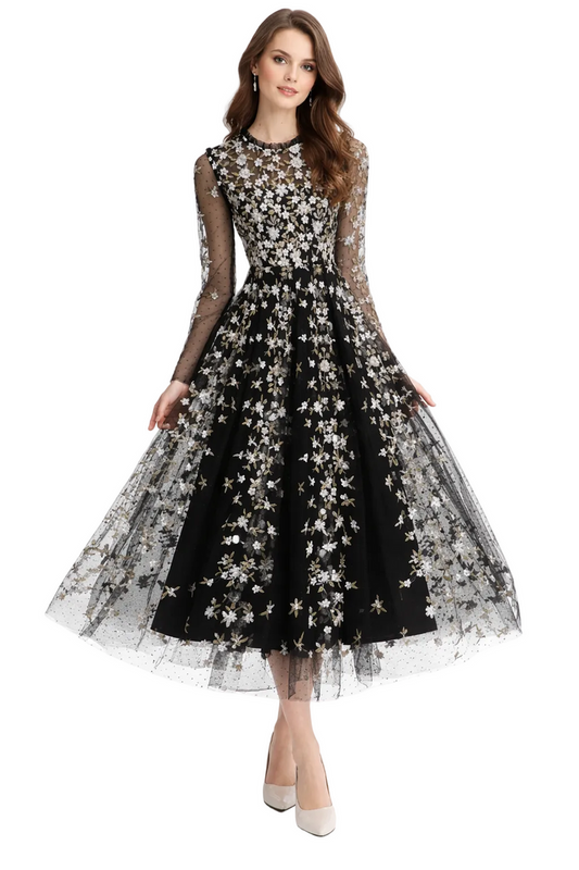 Embroidered Tulle Midi Dress with Long Sleeves – FLORIA