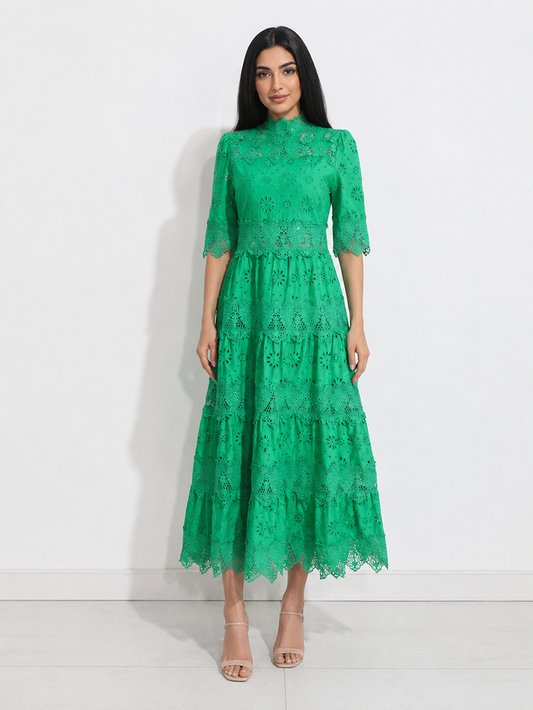 Emerald Eyelet Lace Tiered Maxi Dress - Envy