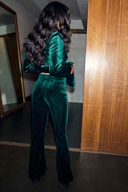 Emerald Velvet Trousers with diamond studs, shown from the back with a matching blazer.