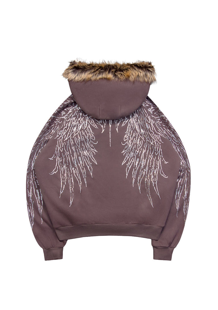 Back view of brown hoodie featuring rhinestone wing design and detachable fur trim.