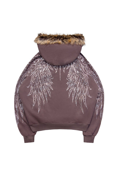 Back view of brown hoodie featuring rhinestone wing design and detachable fur trim.