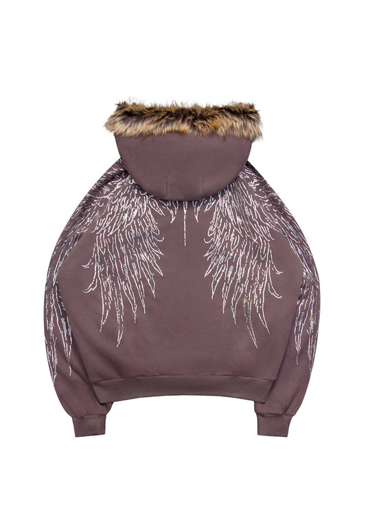 Back view of brown hoodie featuring rhinestone wing design and detachable fur trim.
