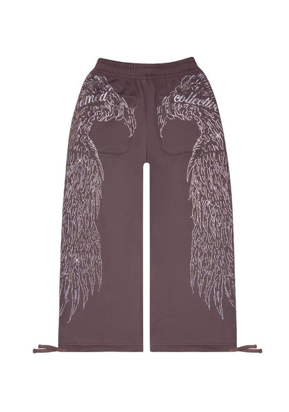 Flat lay of brown sweatpants with rhinestone wing design and two back pockets from named collective.