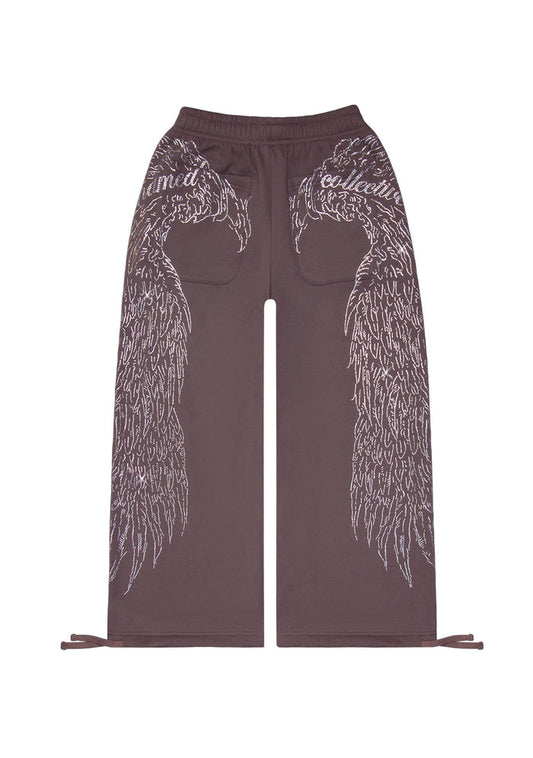 Flat lay of brown sweatpants with rhinestone wing design and two back pockets from named collective.