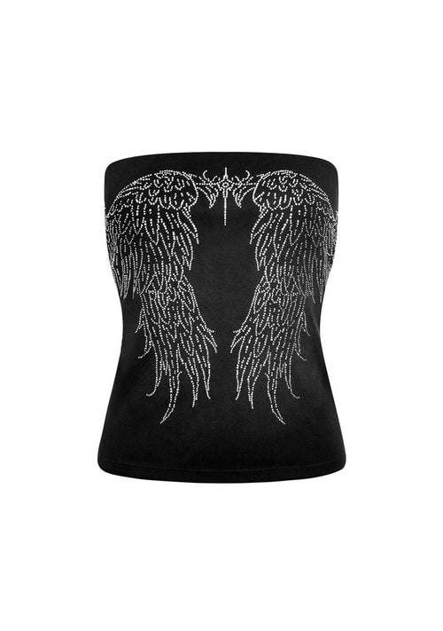 Front view of a washed black tube top featuring a rhinestone wing design.