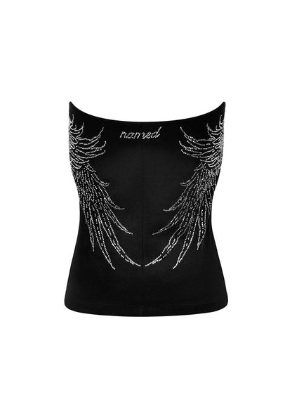 Front view of a washed black tube top featuring a rhinestone wing design.