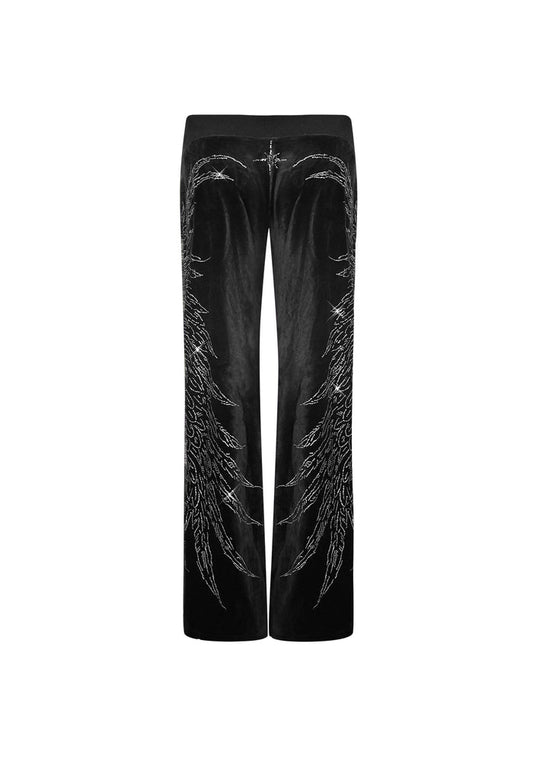 Back view of fallen rhinestone velour sweatpants black with rhinestone wing design.