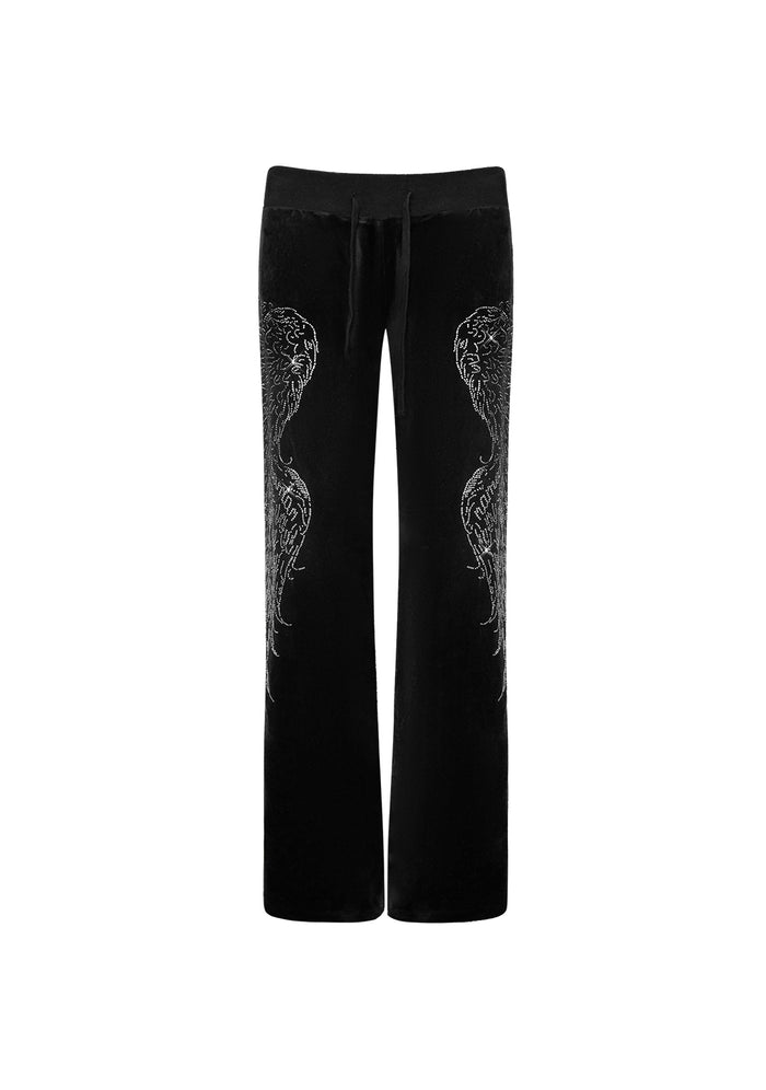 Front view of black fallen rhinestone velour sweatpants featuring large-scale rhinestone wing design.