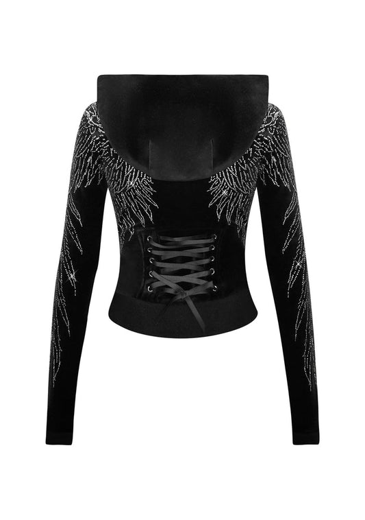 Back view of a black hoodie featuring rhinestone wing design and black ribbon lacing.