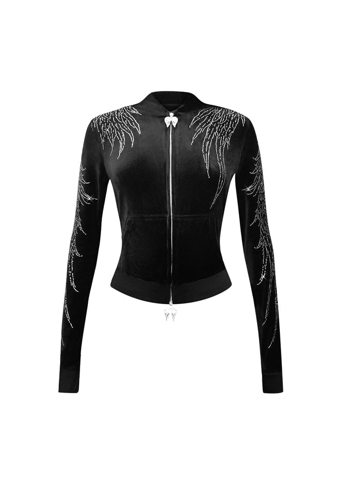 Front view of a black zip hoodie with rhinestone wing embellishments and black ribbon lacing detail.