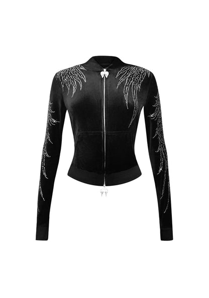 Front view of a black zip hoodie with rhinestone wing embellishments and black ribbon lacing detail.